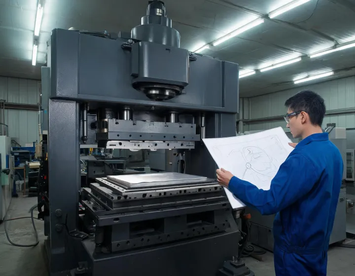 Hydraulic sheet forming press with a blank on the tray and an operator checking draw depth against a drawing
